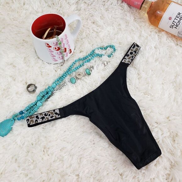 Victoria's Secret BRAZILIAN MEDIUM Black Crystals Cheetha Print Very Sexy - Picture 4 of 6